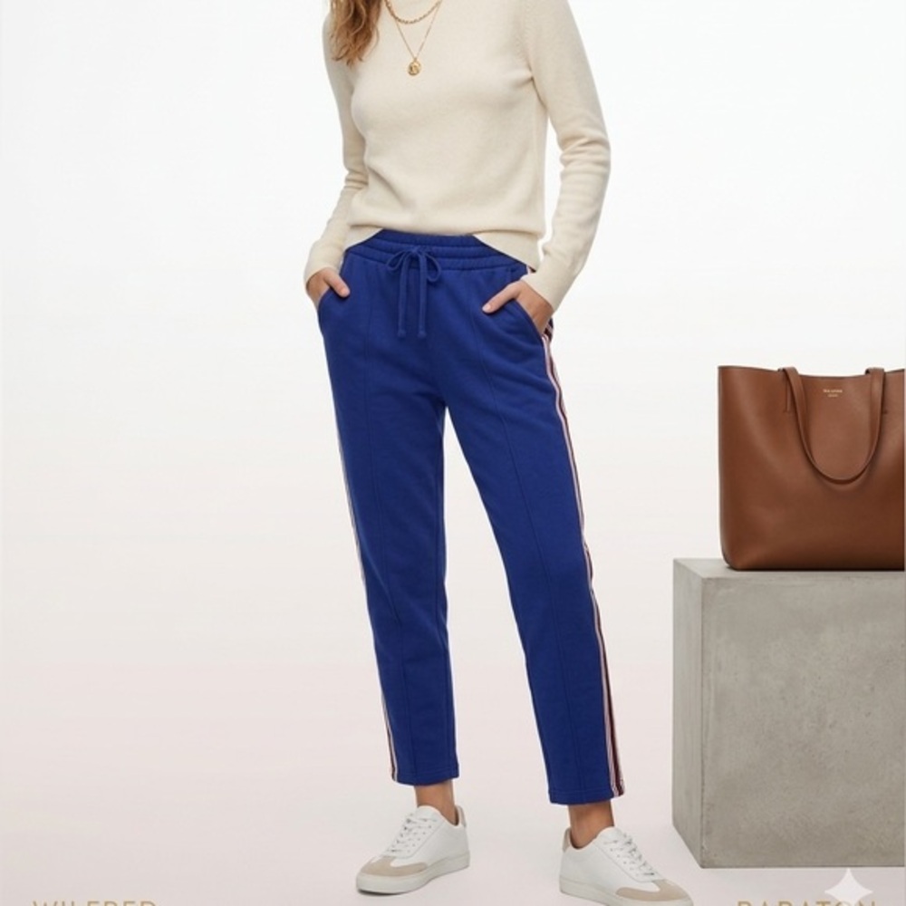 Aritzia TNA Highrise Royal Blue Sweatpants Side White & Red Stripe Cotton